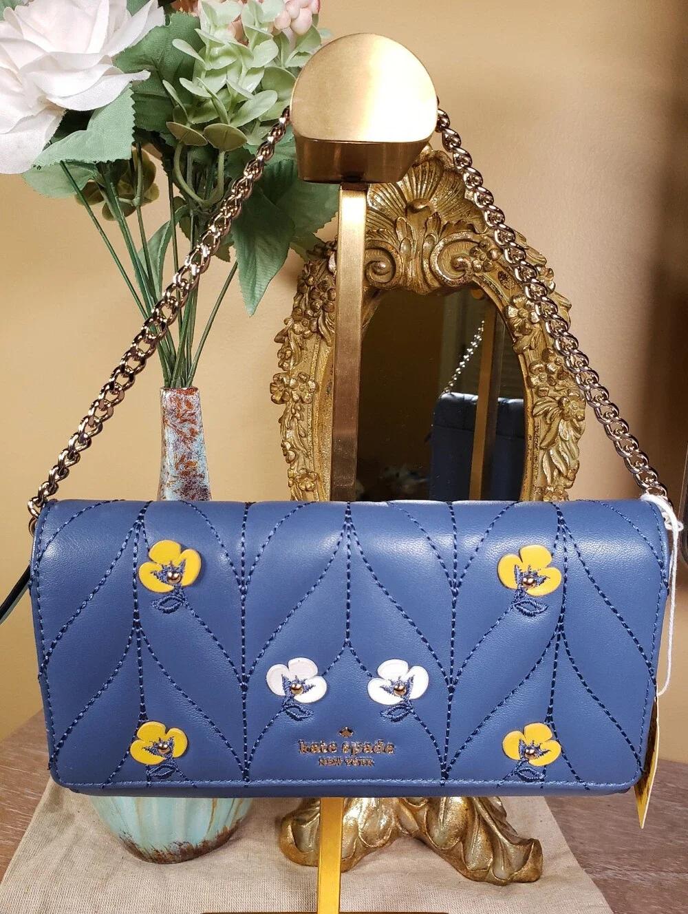 kate spade Blue Quilted Floral Appliqué Leather Clutch / Wristlet NWOT!